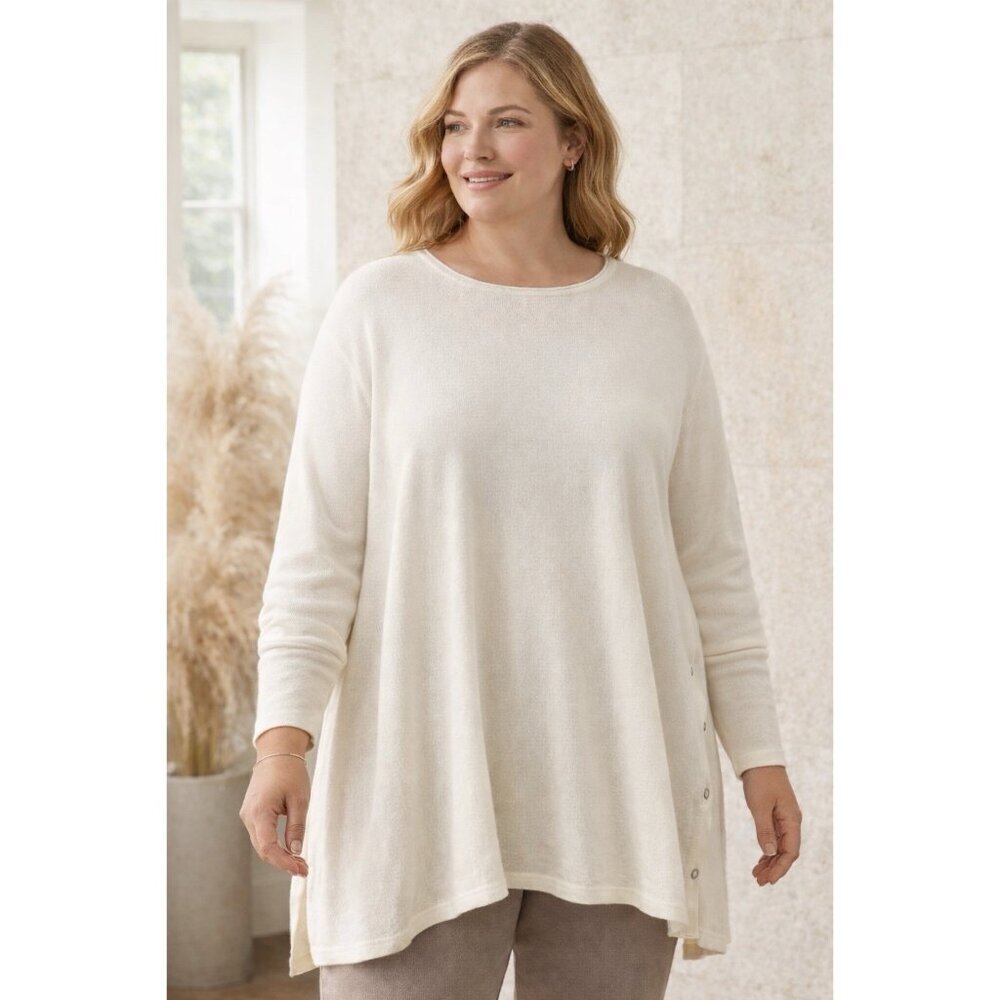 J Jill Womens Tunic Sweater Plus Sz 4X Ivory Cotton Side Snap Minimalist Coastal